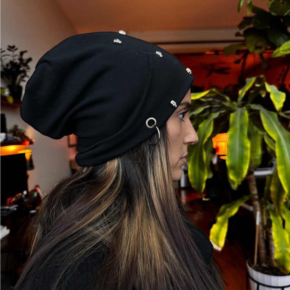 Skull-Studded Black Slouchy Beanie